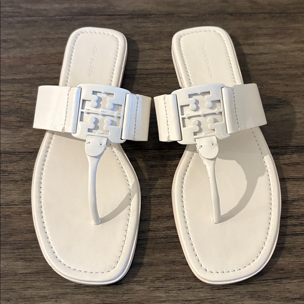 EUC [TORY BURCH] Georgia Logo Toe Slide Sandals Smooth White Leather Women’s 9 - Picture 5 of 12